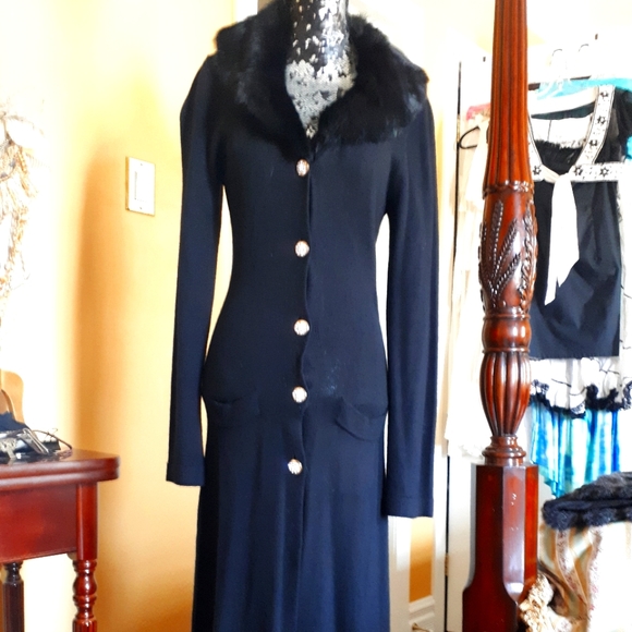 Vintage wool angora  blend duster cardigan with fur collar - Picture 2 of 8